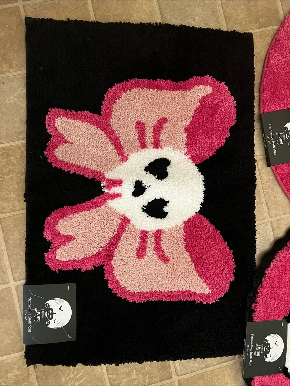 Gothic Pink & Black Skull & Bow, Skeleton & Vampire Lips 3pc Halloween Bath Rugs
